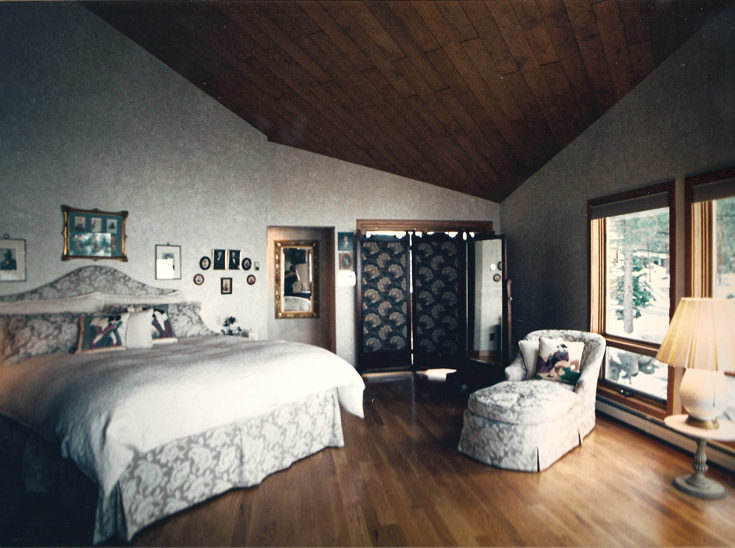 Customer desired bed designed to emulate Actress Winona Rider's bed as seen in Architect Digest magazine May 1994. Faux painted walls, chaise upholstered to coordinate with bed.