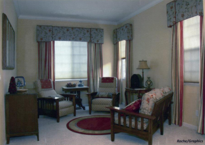 Mission Style Living Room: Custom window treatments, area rug, re-upholstered furniture.