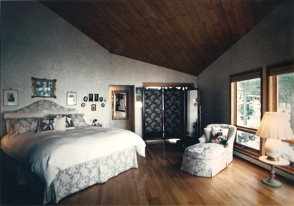 Customer desired bed designed to emulate Actress Winona Rider's bed as seen in Architect Digest magazine May 1994. Faux painted walls, chaise upholstered to coordinate with bed.
