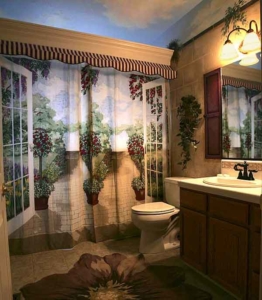 Tromploi Shower Curtain with Awning attached to large Crown Molding. Mural Painted Purple Shutters, Sky, and Floral Area Rug.