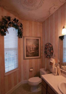 Pink & Cream Stripe painted walls w/painted Scroll & Floral Medallion on ceiling. Custom-made Floral Window Spray.
