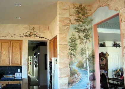 Faux Finished Walls & Murals: Branch with Nest over Door, and River Scene