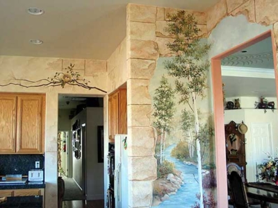 Faux Finished Walls & Murals: Branch with Nest over Door, and River Scene