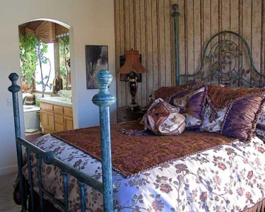 Custom-made Iron Bed, Bed Ensemble, Window Treatments, Ceiling Mural & Fireplace.