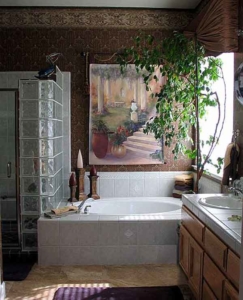 Glass Block Shower, Painted Mural Tapestry w/ Rod & Tassel, Cornice Box.