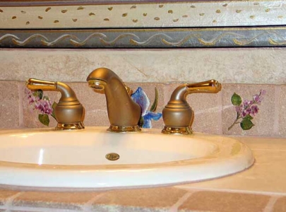 Hand-painted Border around Bathroom Mirror and Hand-Painted, Custom Tiles.