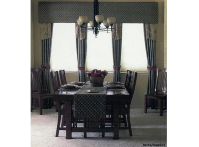 Mission Style Dining Room: Soft faux walls, custom fabric Cornice Boxes.