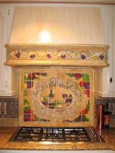 Custom, Hand-Painted Tile on backsplash behind stove