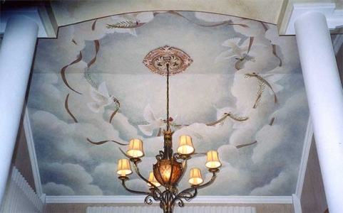Close up of Mural on Ceiling over Dining Room Table.