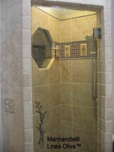 Frameless Shower Door with custom-made Man Handle, Octagon Window.