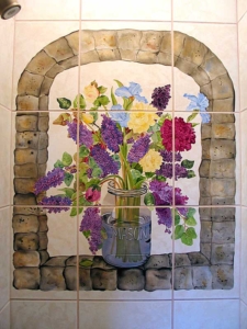 Custom, Hand-Painted Tile in Shower.