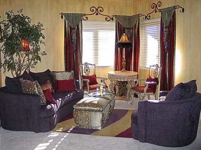Silk Drapes with Beads with Coordinating Lamp; Custom Made Area Rug; Hand-fauxed Watermarked Walls, Hand-Painted and Beaded Scroll Designs between Drapes.