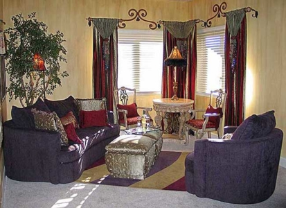 Silk Drapes with Beads with Coordinating Lamp; Custom Made Area Rug; Hand-fauxed Watermarked Walls, Hand-Painted and Beaded Scroll Designs between Drapes.