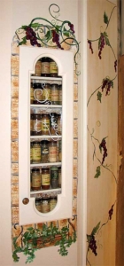 Spice Rack: Hand-Painted Faux Brick Border & Grape Vines.